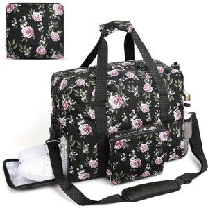Black Floral‎ Rose Print Sports Travel Tote Weekender Duffle Gym Crossbody Bag